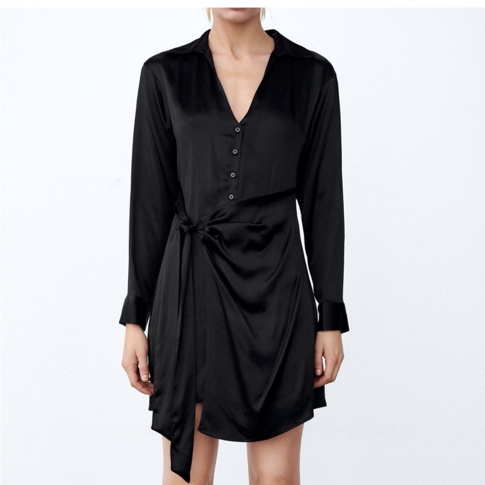 Zara Black Satin Button Down Front Tie Wrap Dress XS